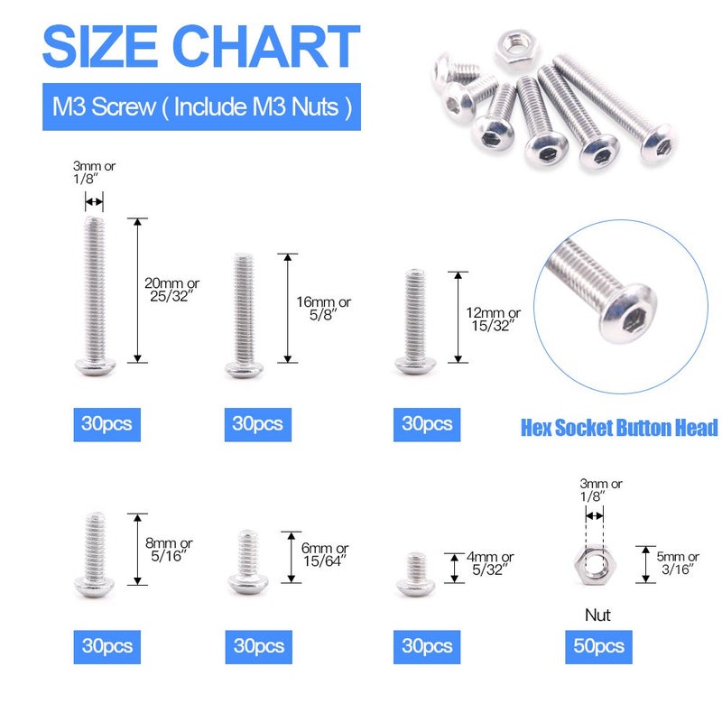 Glarks 230Pcs M3 Stainless Steel Allen Hex Drive Button Head Socket Cap Bolts Screws Nuts Assortment Kit (M3) - Image 2